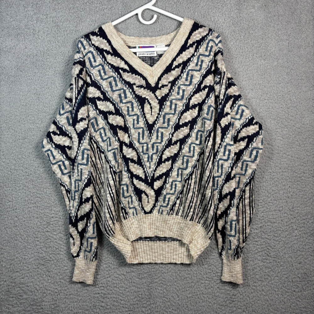 Sweater Graphix Sweater Mens L Blue Cream Vintage Geometric V-Neck Retro Knit
